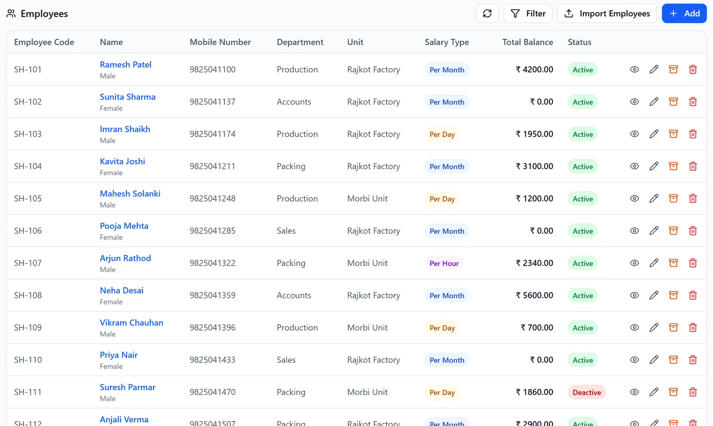 Staff Hisab employee list with department, unit, salary type and balance